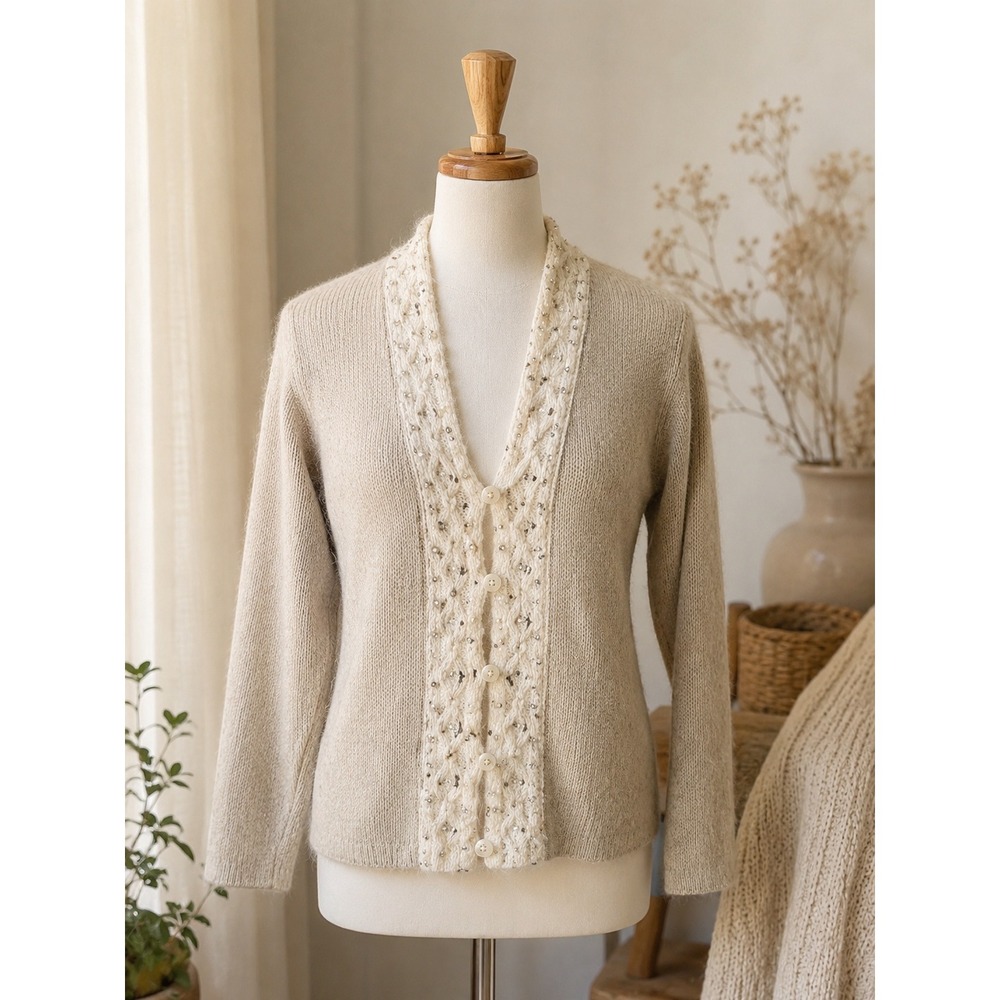 Vintage Silk Angora Beaded Cardigan Oatmeal Pearl Knit Sweater S GrandmaCore